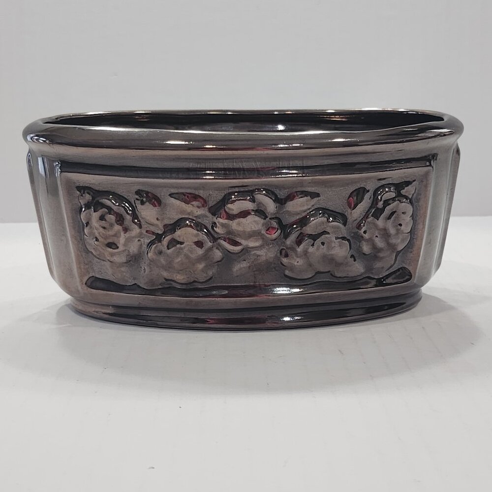 Vintage Haegar Pottery Metallic Copper Luster Ceramic Oval Planter With Raised F